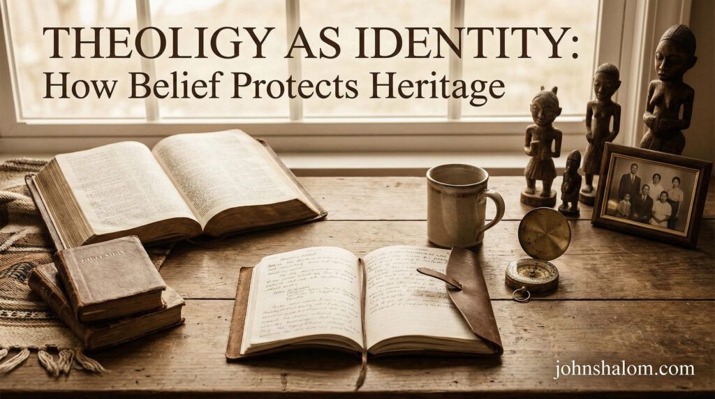 A thoughtful scene with a Bible, cultural artifacts, and an open notebook, symbolizing how theology shapes identity and helps protect cultural heritage. The image reflects faith, tradition, and the preservation of roots.