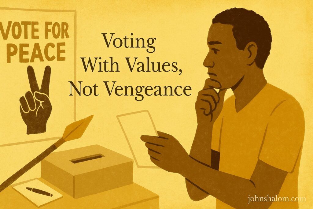 A voter holds a ballot and pauses beside a poster urging peace, choosing thoughtfully rather than reacting in anger.