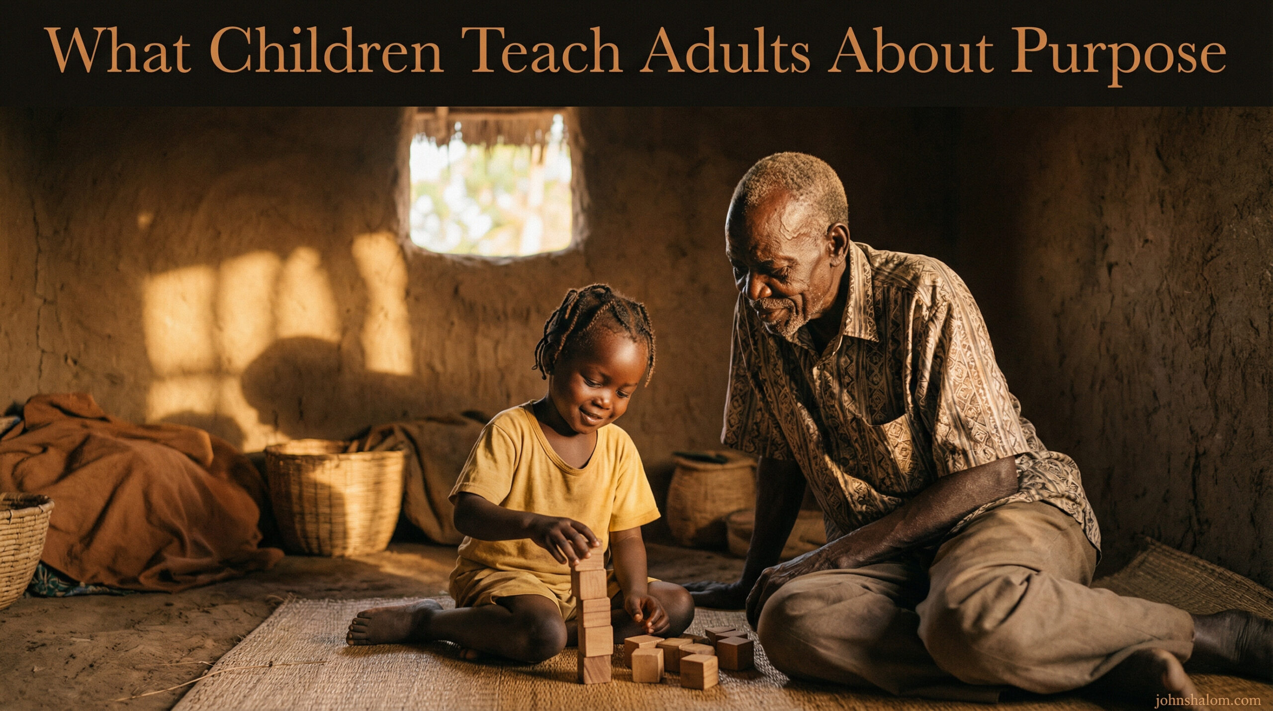 A gentle family scene with a child focused on a simple task while an adult watches closely, symbolizing the lessons children offer adults about purpose, presence, and meaning. The image reflects innocence, curiosity, and quiet wisdom.