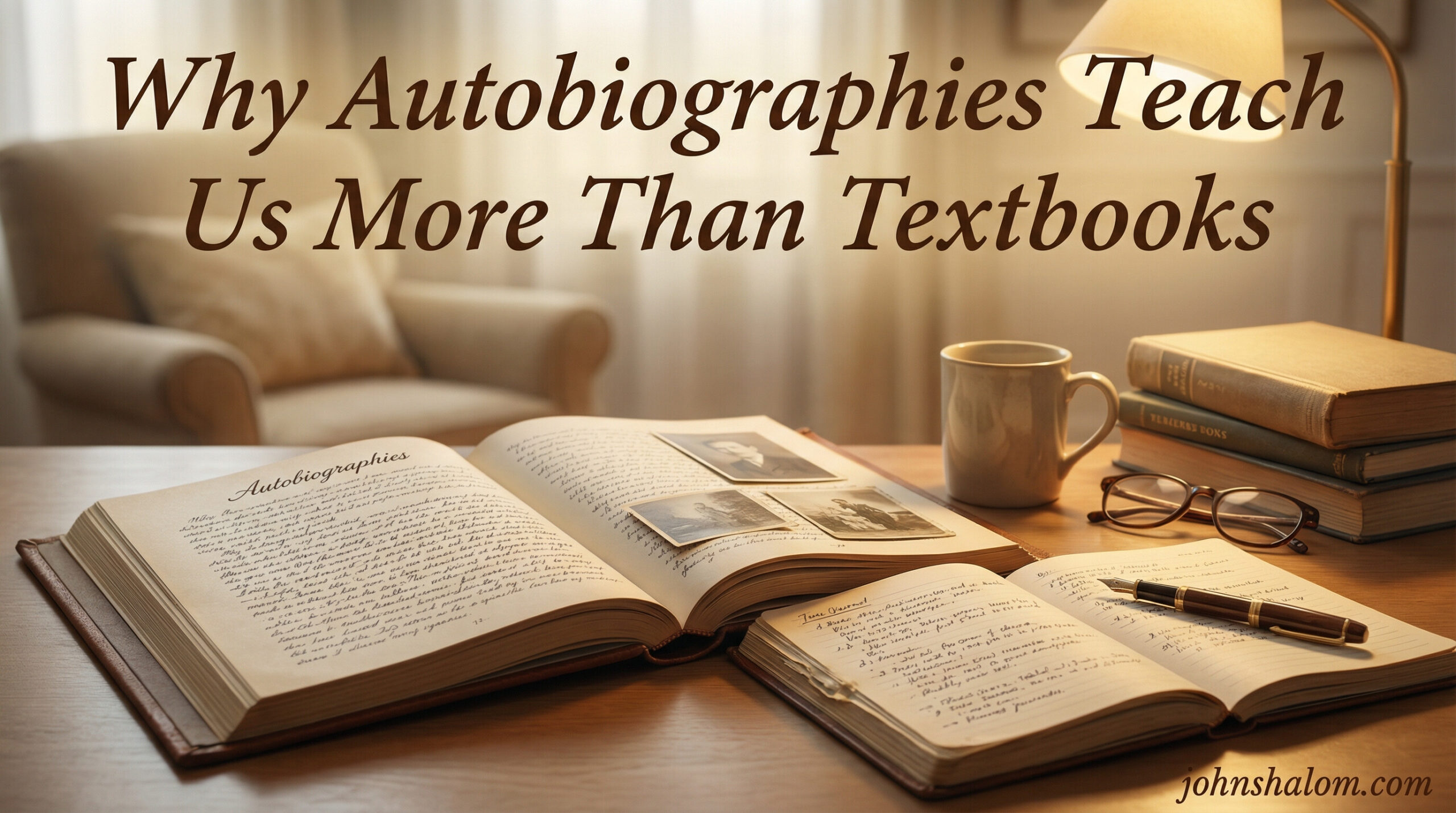 A reflective writing setup with an open autobiography, a journal, and warm lighting, symbolizing the personal wisdom and lived experiences shared through life stories. The scene reflects learning, honesty, and human connection.