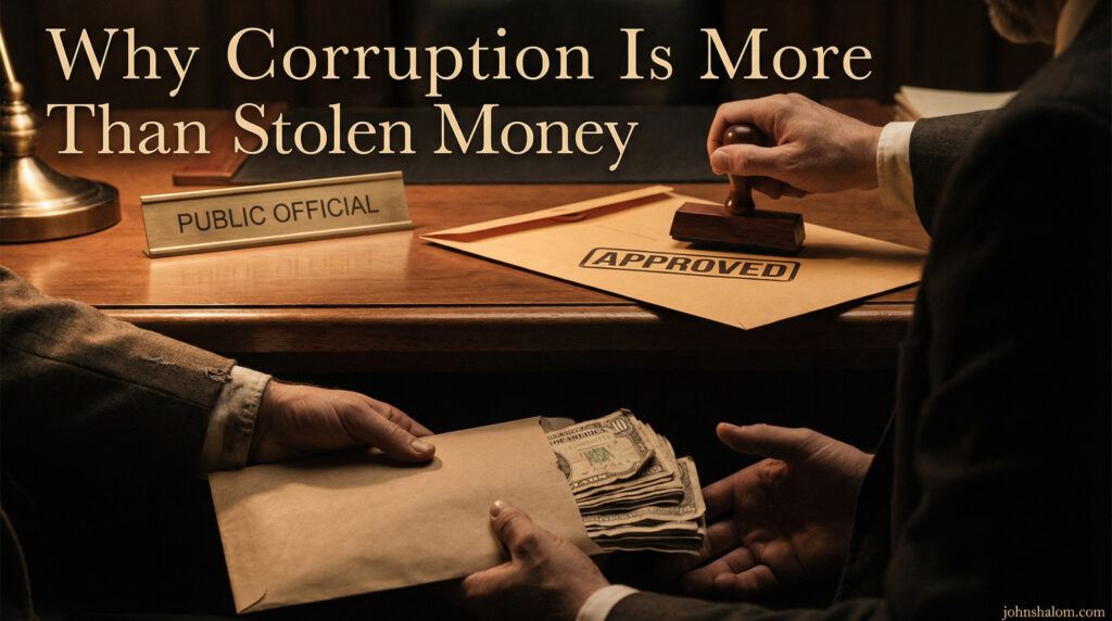 A public office desk holds a stamped envelope marked “approved,” while a hidden cash-filled envelope is passed under the table.