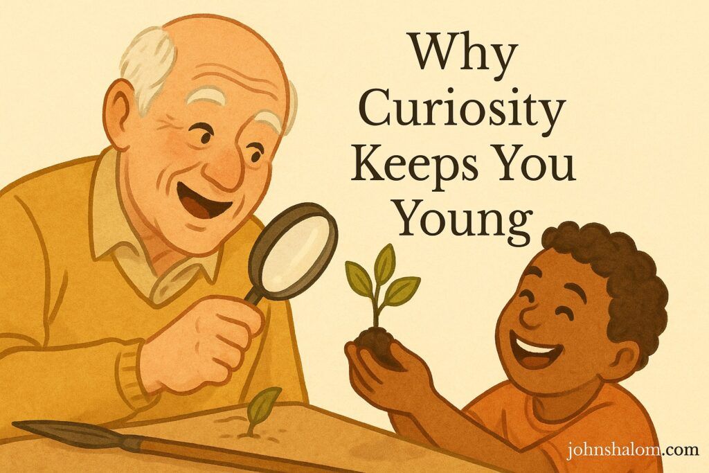 An older adult and a child examine a small plant with a magnifying glass, both smiling with wonder.