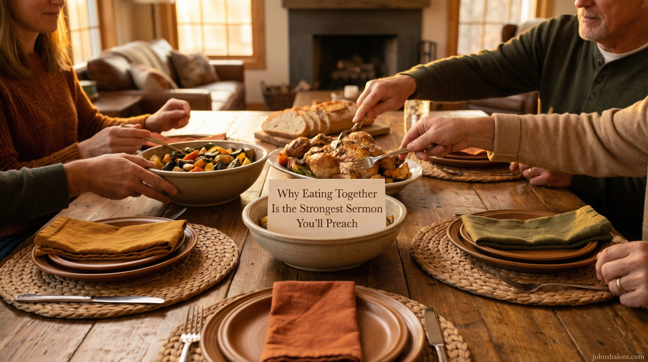 A warm dining table with shared food, family hands reaching in, and soft evening light, symbolizing the power of shared meals to strengthen relationships and communicate values. The image reflects unity, hospitality, and togetherness.
