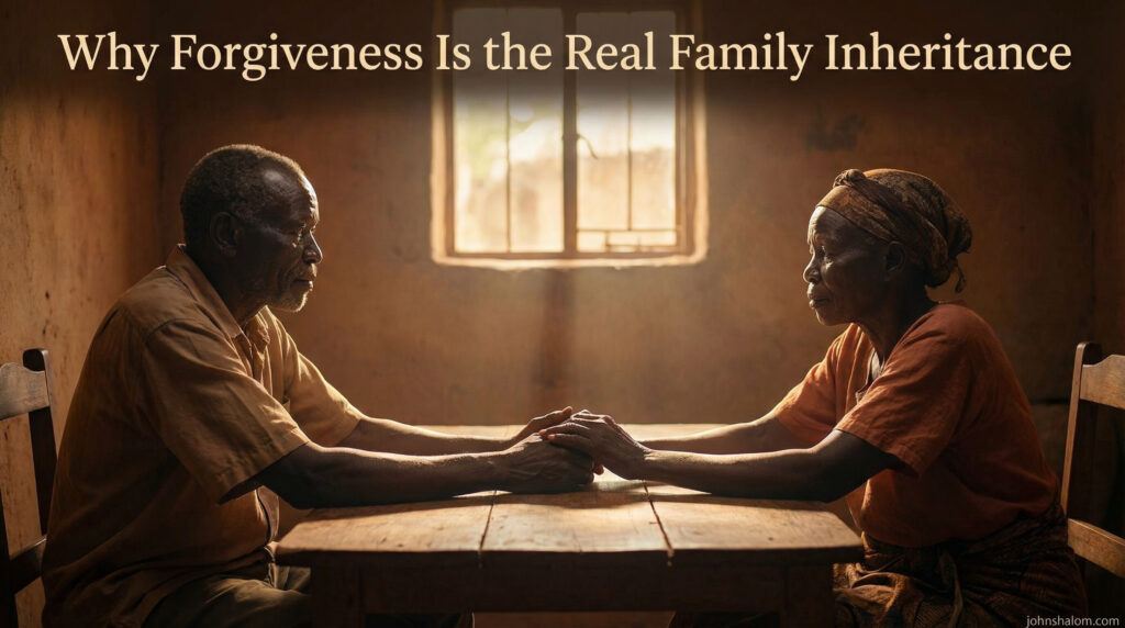 Two family members sit facing each other at a simple table, hands reaching across to meet in a quiet gesture of forgiveness.
