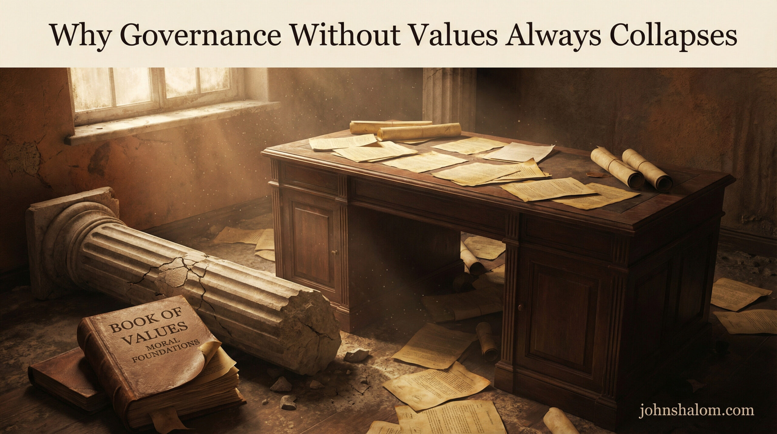 A symbolic governance scene with an empty official desk, scattered documents, and a broken pillar beside a book of values, representing leadership structures that fail without moral foundations. The image reflects decay, warning, and lost direction.