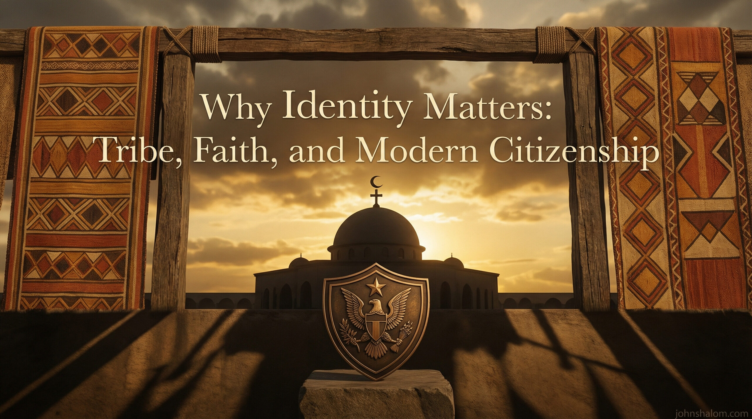 A symbolic scene combining cultural patterns, a place of worship, and a national emblem, representing the intersection of tribe, faith, and modern citizenship. The image reflects identity, belonging, and layered responsibility.
