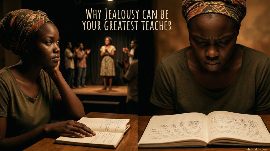A person watches someone else receive praise, then looks down at their own notebook with a determined expression.