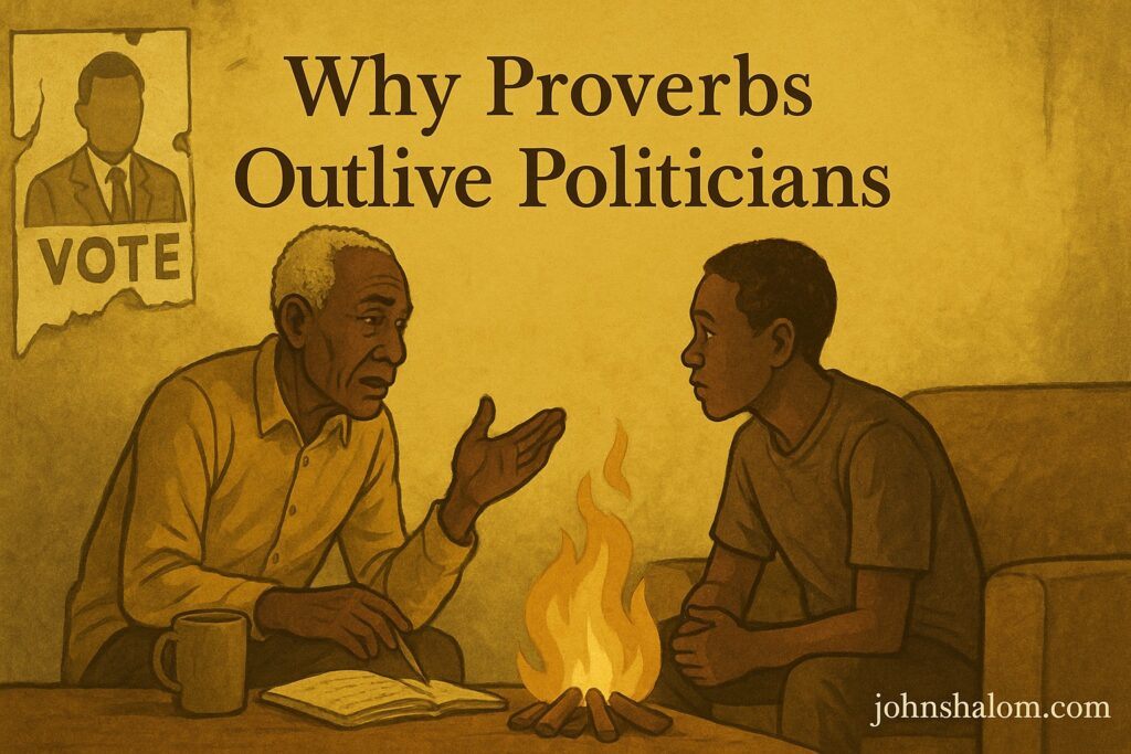 An elder speaks a proverb to a young person by a small fire, while a torn political poster peels off a nearby wall.