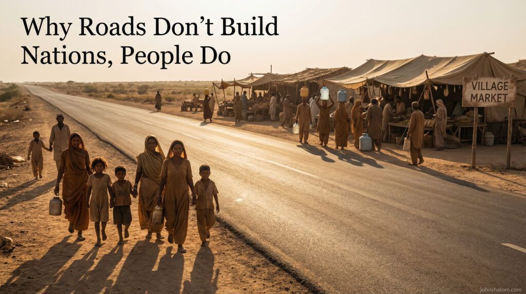 A newly paved road runs past a village where people carry water and gather at a small market, showing development beside daily struggle.