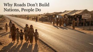 A newly paved road runs past a village where people carry water and gather at a small market, showing development beside daily struggle.