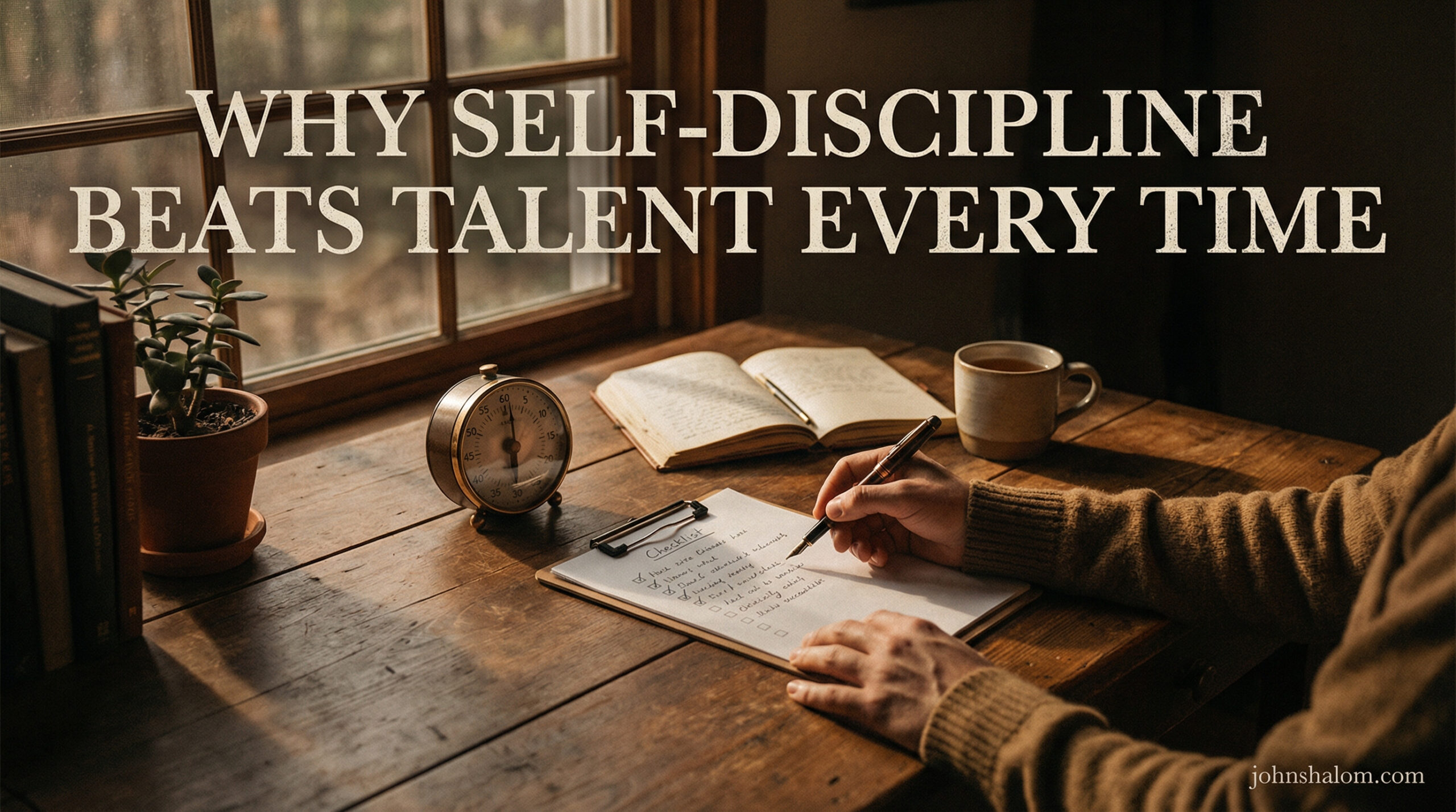 A focused writer at a desk chooses a simple daily plan over distractions, showing self-discipline winning over raw talent.
