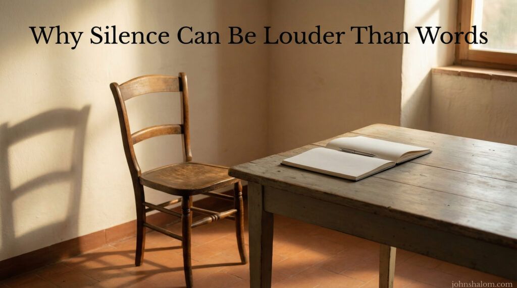 A quiet, minimal scene with an empty chair, soft light, and an open notebook left untouched, symbolizing the power of silence to communicate meaning beyond spoken words. The image reflects stillness, presence, and unspoken truth.