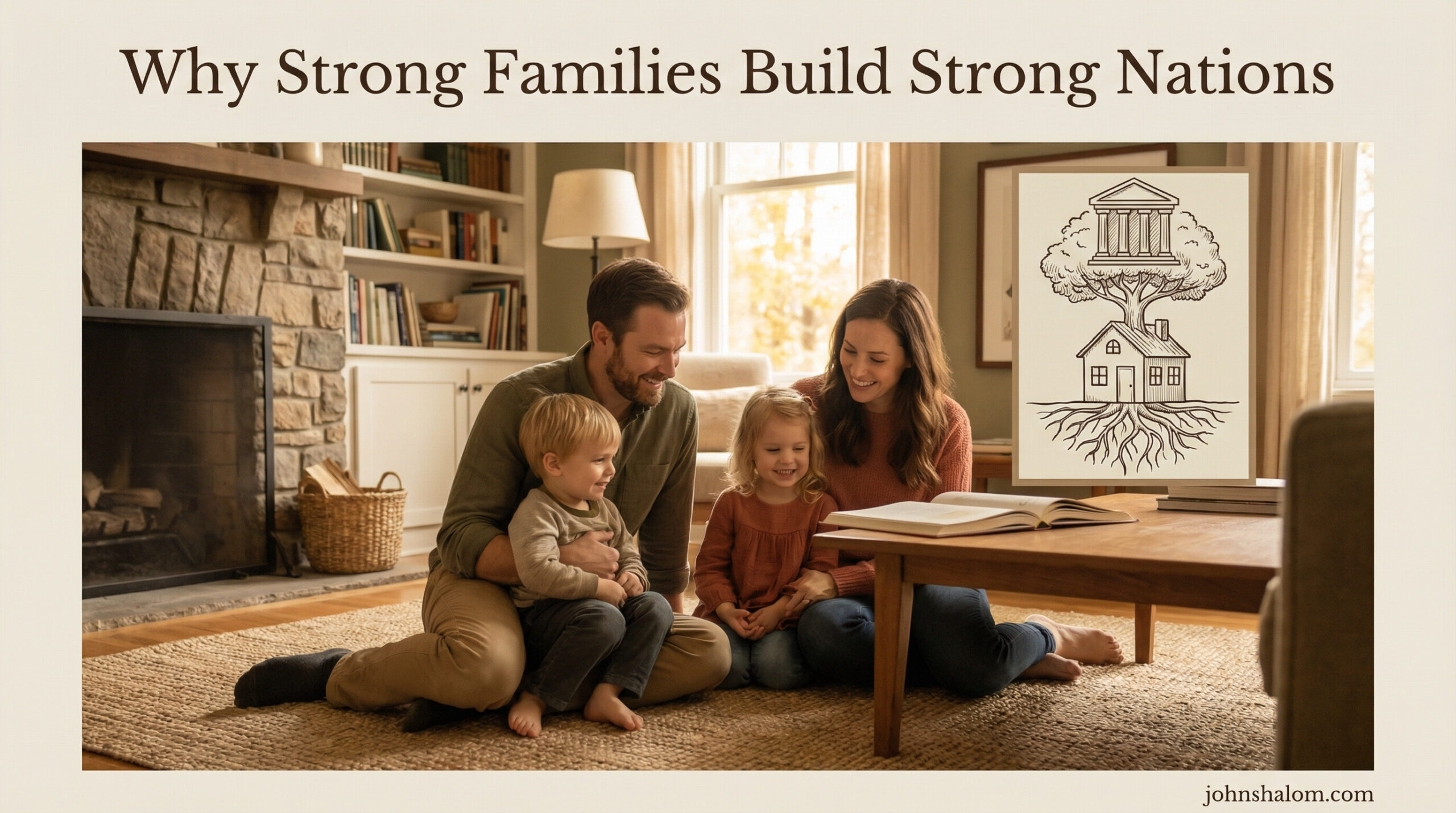 A warm family-centered scene with parents and children spending time together in a simple home setting, symbolizing how strong families form the foundation of strong nations. The image reflects unity, stability, and shared values.
