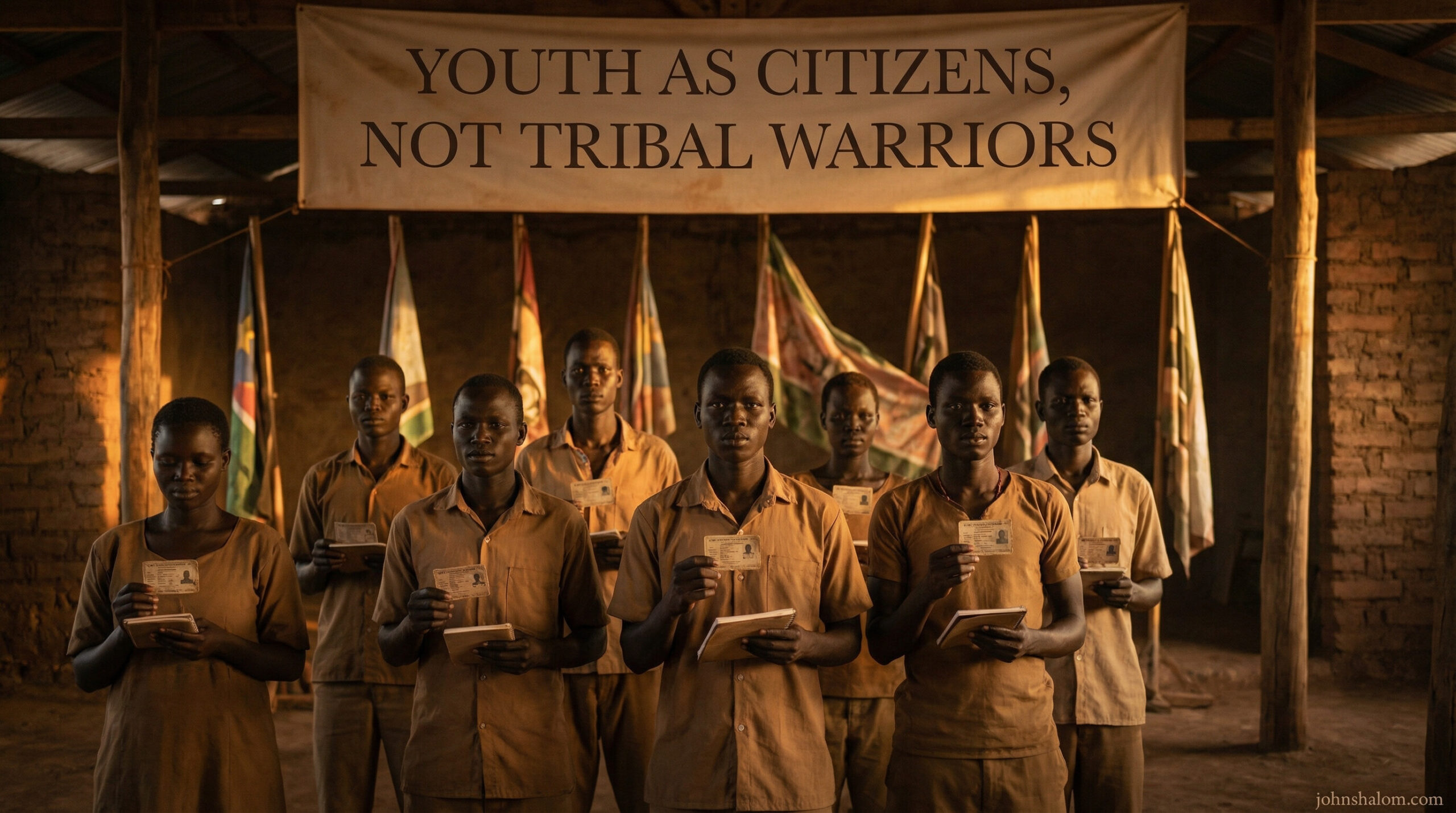 Young people stand in a community hall holding voter cards and notebooks, while tribal flags are lowered in the background.