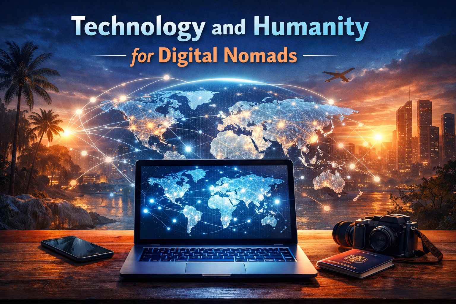 Featured image showing a laptop on a desk with a glowing world map and network lines, plus a passport, smartphone, and camera, representing technology and humanity for digital nomads.
