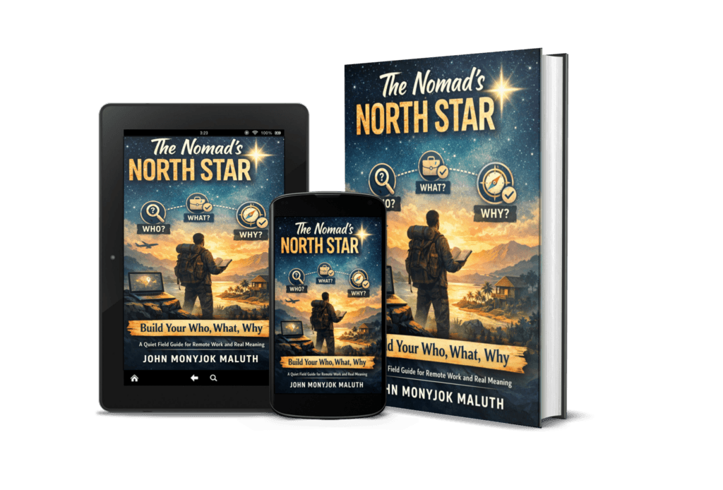Book cover graphic that reads “The Nomad’s North Star” with a simple compass or star icon, designed in warm earth tones.