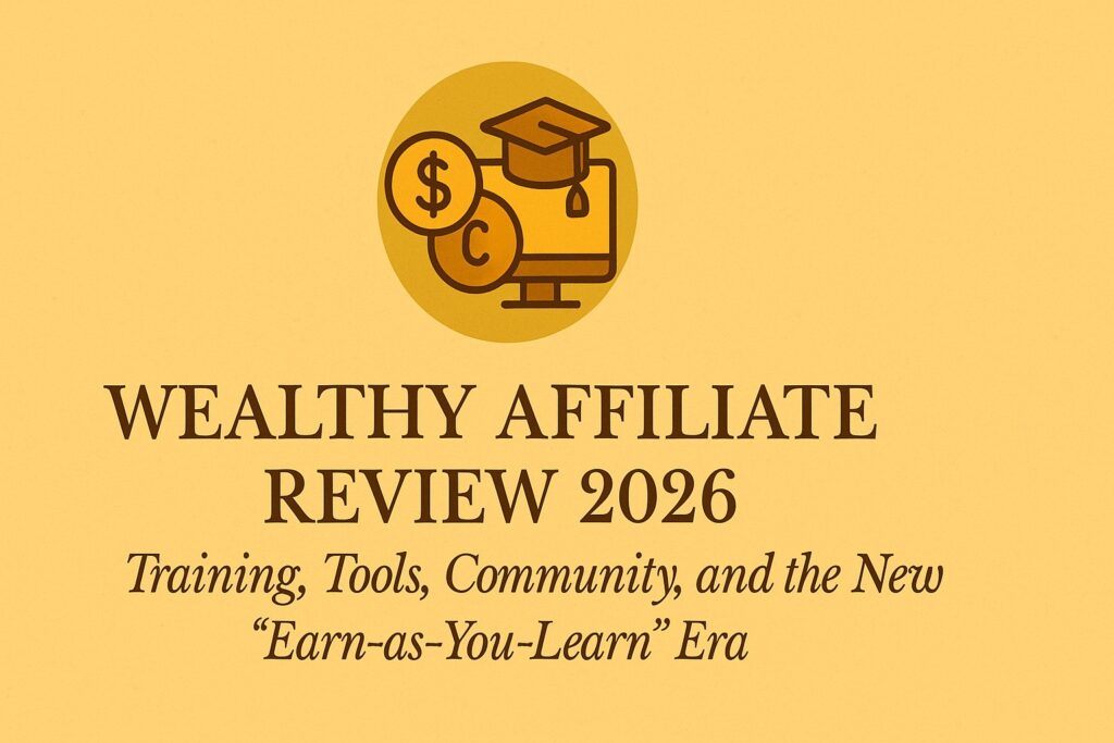 A laptop displaying the Wealthy Affiliate 2026 dashboard with charts and community discussions on screen