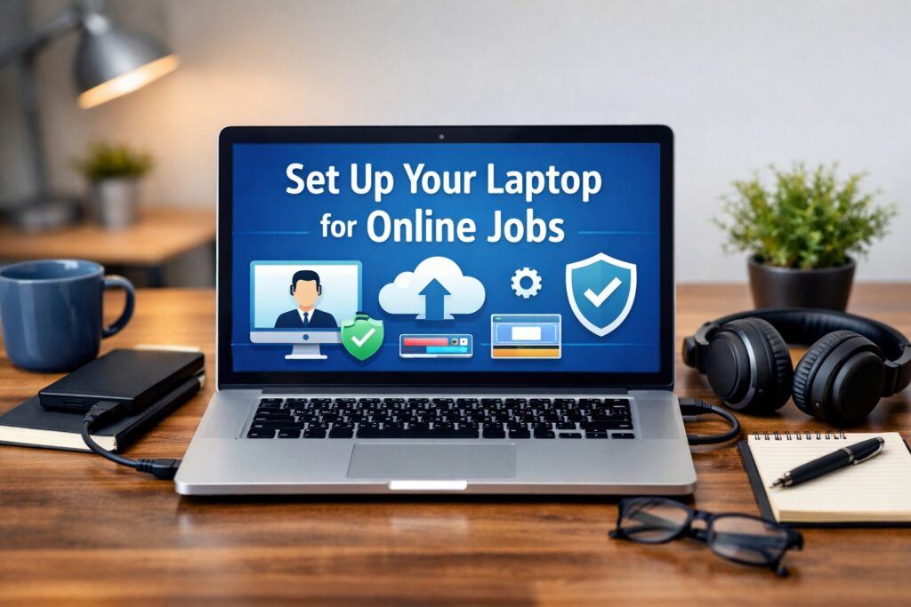 Laptop on a tidy desk showing “Set Up Your Laptop for Online Jobs” with icons for video calls, cloud upload, settings, and security, plus headphones, notebook, and external drive nearby.
