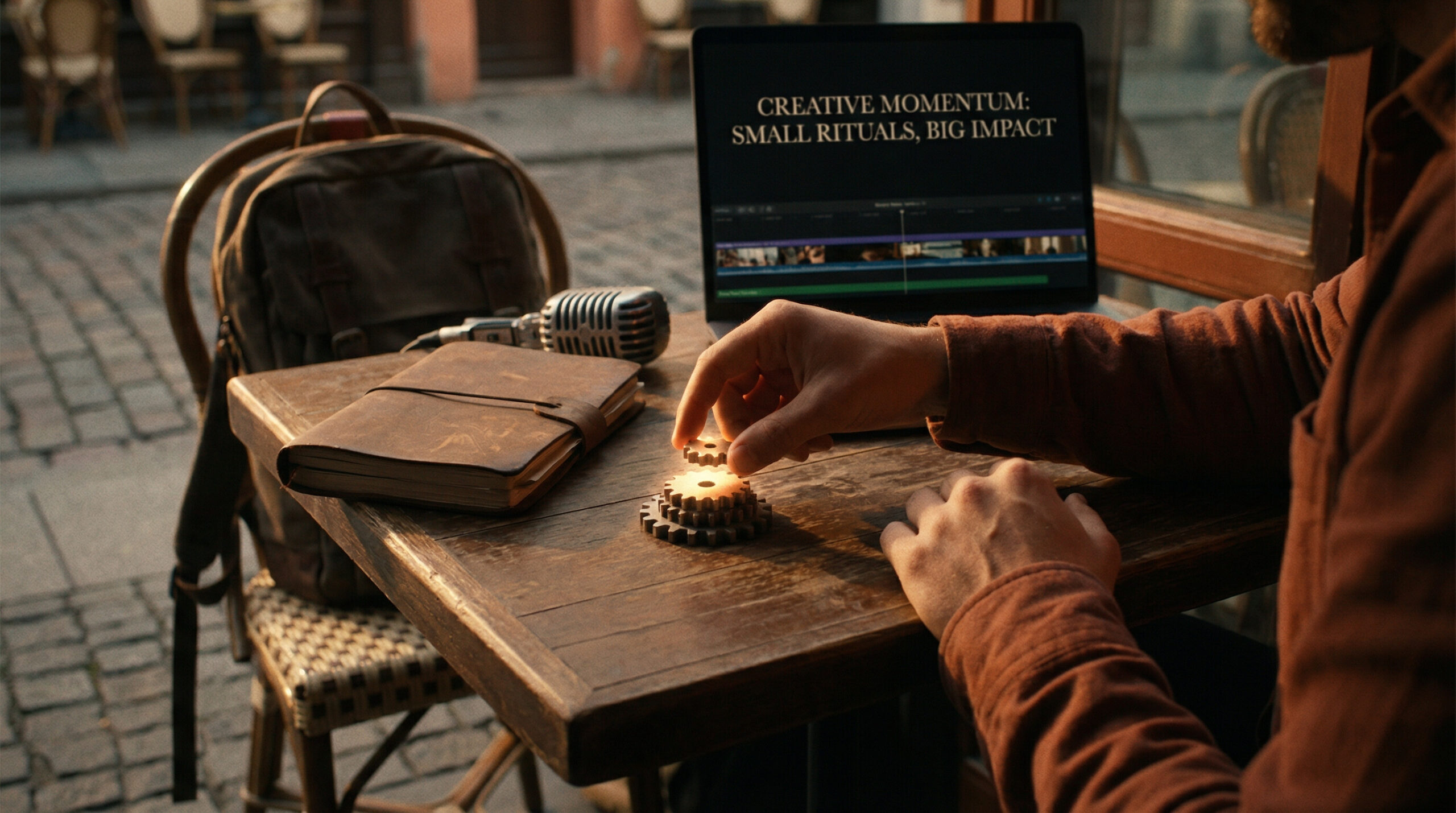 Digital nomad writing focused content on a laptop in a modest workspace, practicing consistent daily habits.