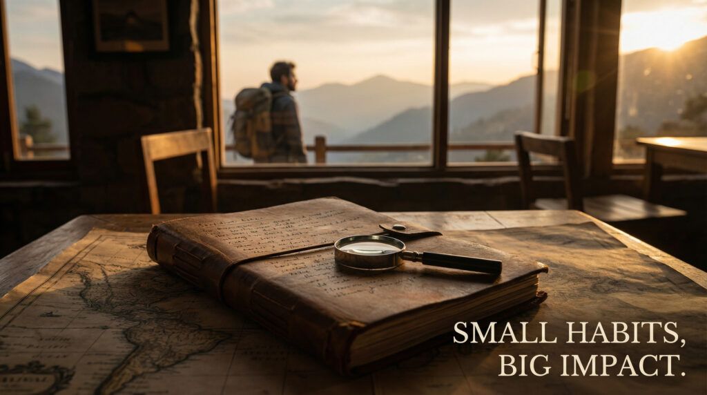 Digital nomad working on a laptop in a quiet café, writing a focused niche plan inspired by Atomic Habits.