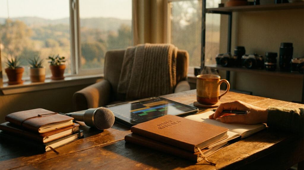 Remote content creator working on a laptop with organized digital tools and minimal software open on screen.