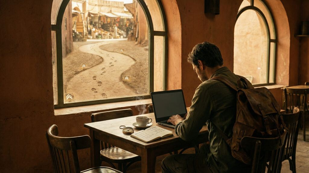 Digital nomad working on a laptop at a simple desk, reviewing website analytics and planning consistent traffic habits.