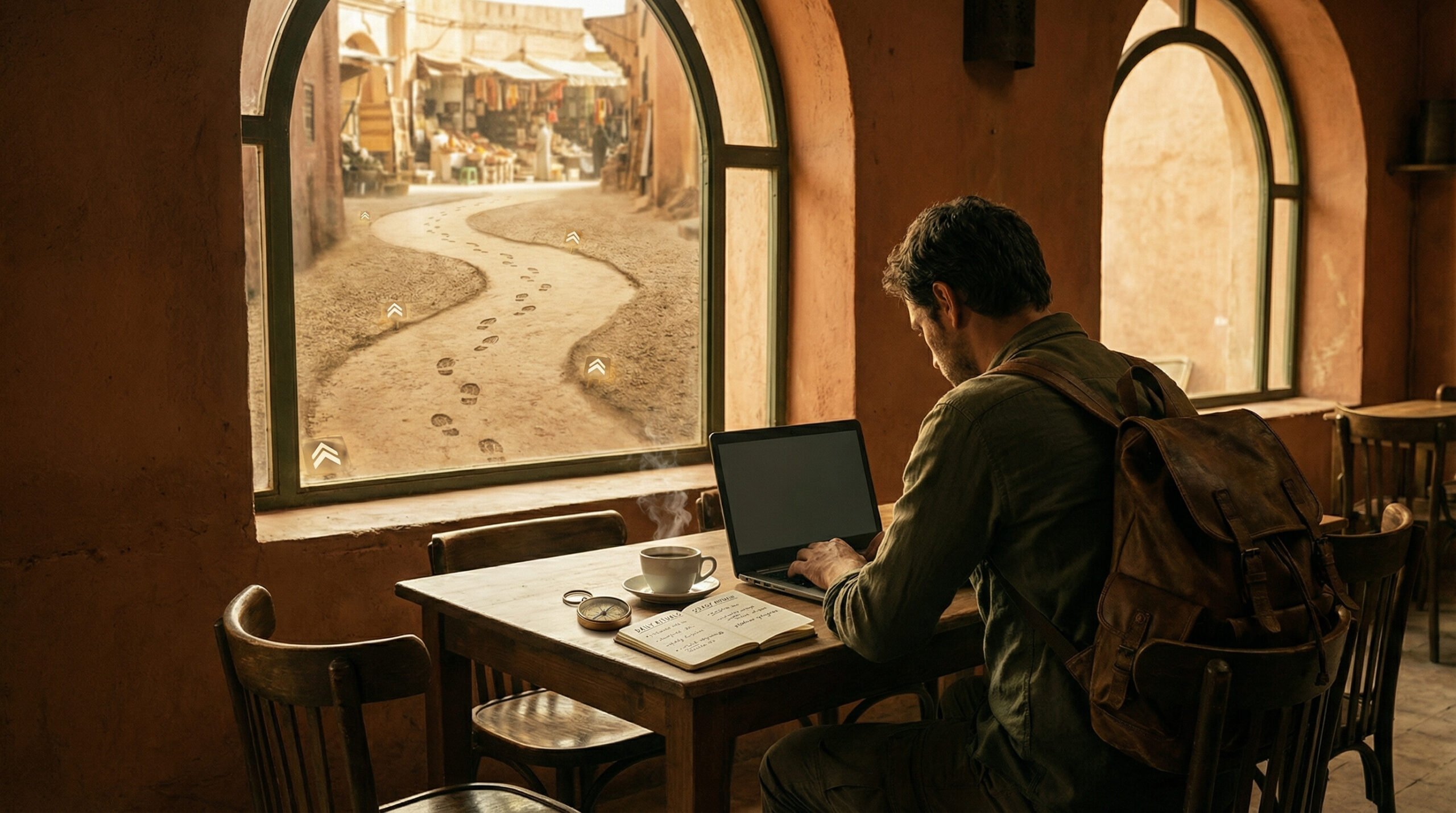 Digital nomad working on a laptop at a simple desk, reviewing website analytics and planning consistent traffic habits.