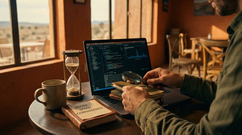 Digital nomad reviewing website analytics and optimizing a blog layout on a laptop in a simple workspace.