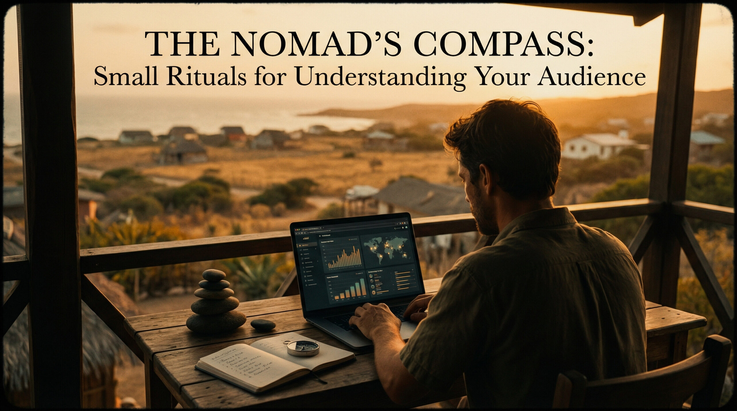 Digital nomad reviewing website analytics dashboard on a laptop, tracking visitor behavior and performance metrics.