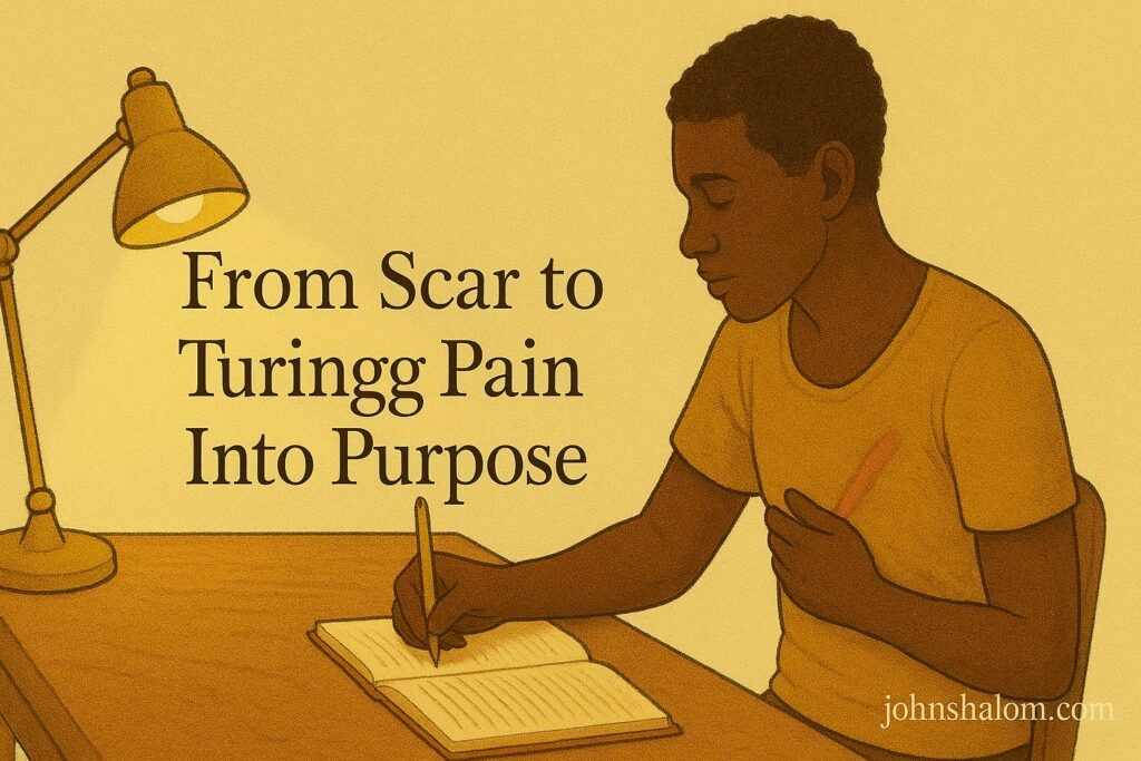 A person sits at a desk with a journal open, one hand resting on a faded scar while the other writes steadily under a warm lamp.