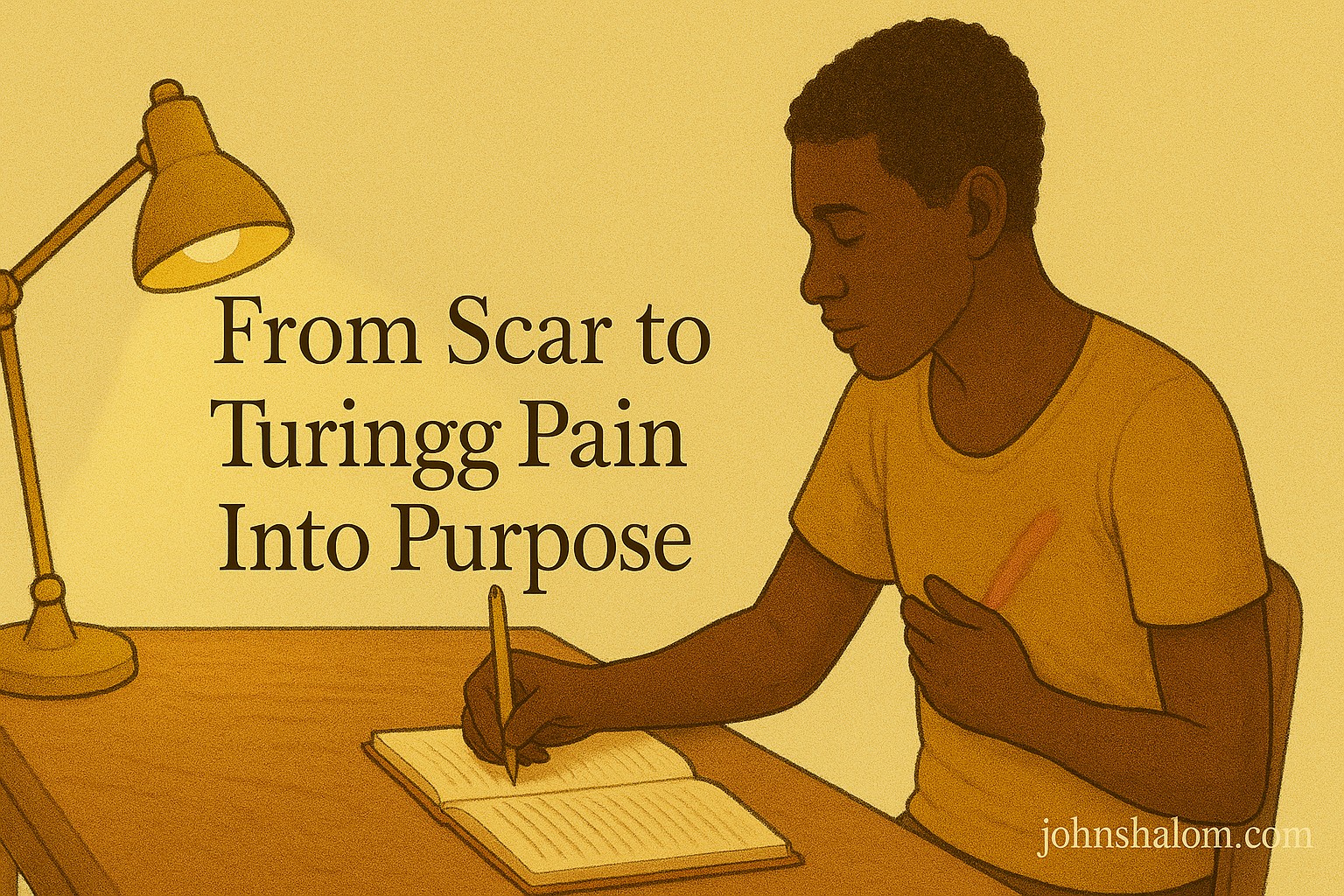 A person sits at a desk with a journal open, one hand resting on a faded scar while the other writes steadily under a warm lamp.