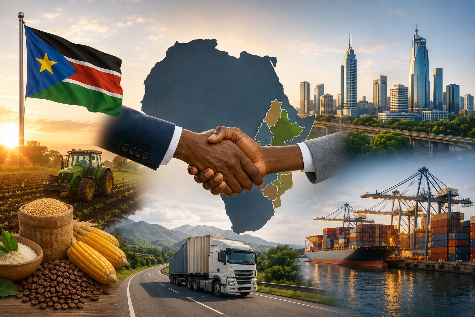 Illustration showing how to integrate regional markets through African trade, transport, agriculture, logistics, infrastructure, and regional economic cooperation with South Sudan.