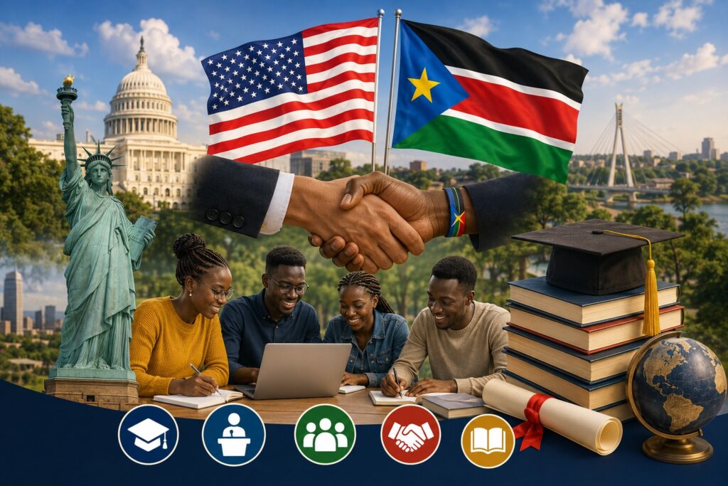 Illustration of US scholarships South Sudan featuring students, US and South Sudan flags, handshake, graduation cap, books, diploma, and symbols of educational partnership and leadership development.