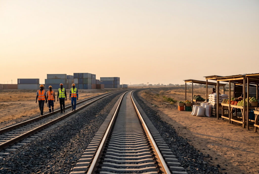 Revived railway line in Africa at sunrise with workers and agricultural goods ready for export
