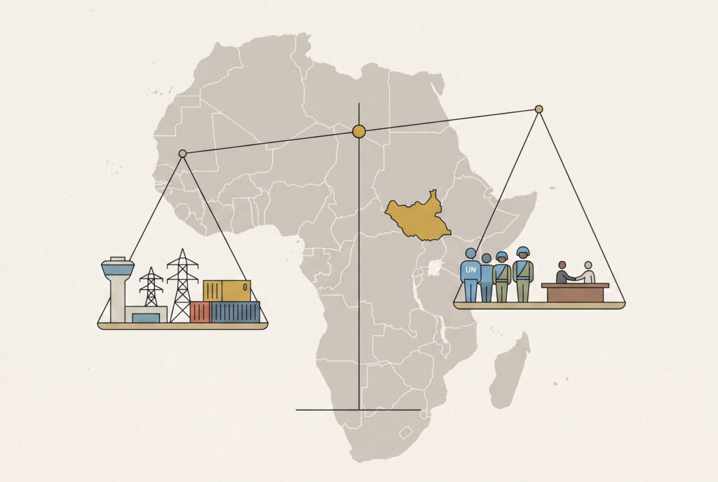 Balanced scale over Africa map illustrating new balance in China-Africa relations with infrastructure trade and peacekeeping in South Sudan 2026