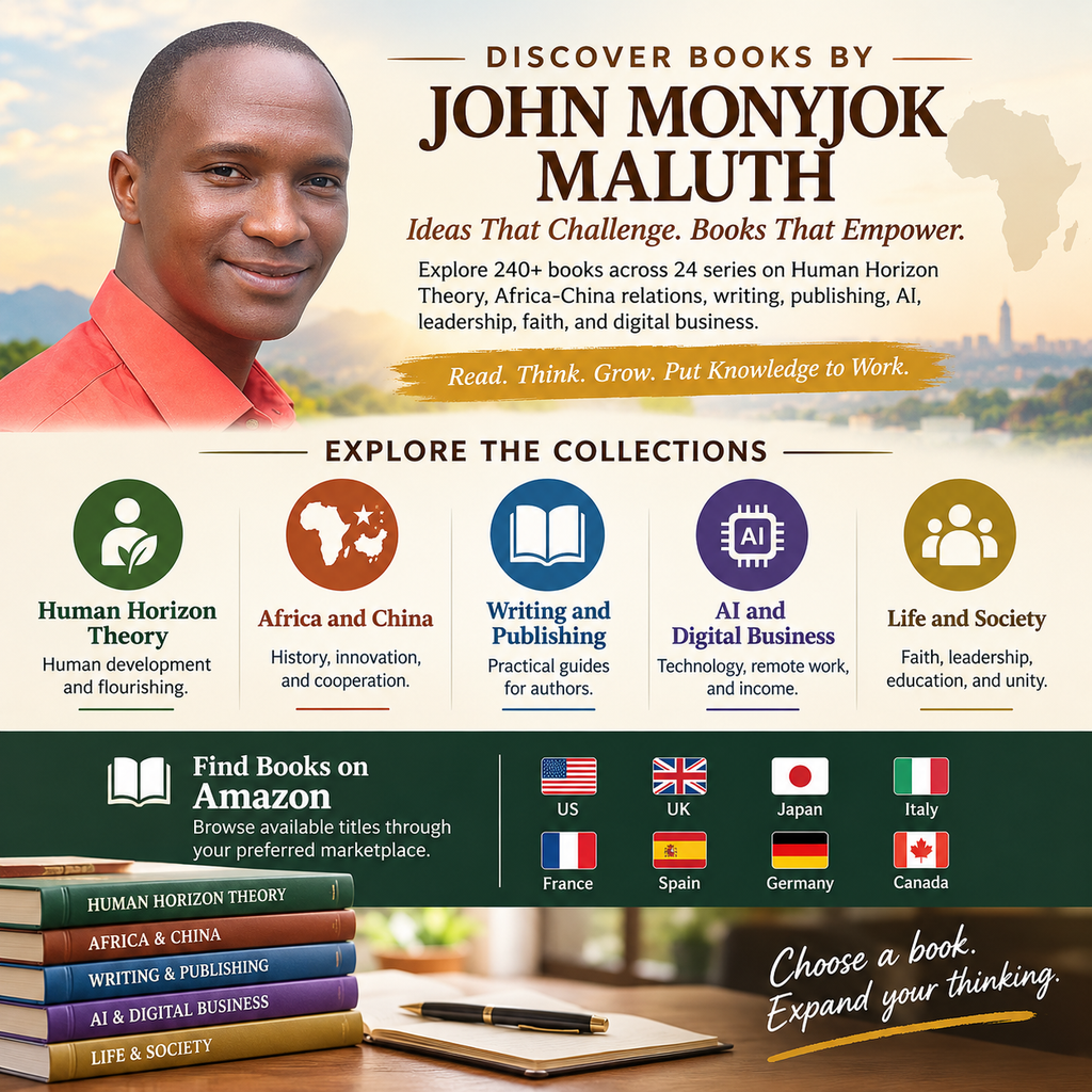 John Monyjok Maluth promoting his 240+ books across 24 series on Human Horizon Theory, Africa-China relations, writing, publishing, AI, leadership, and digital business.