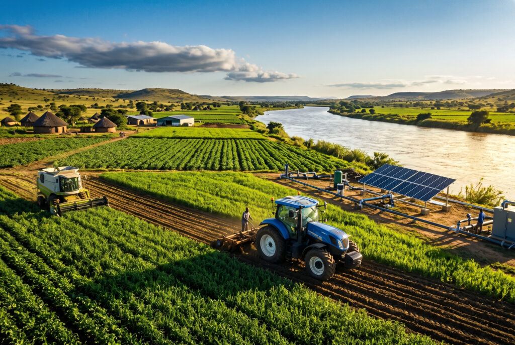 Rural agricultural farming project showing green fields and irrigation along a river in Africa.